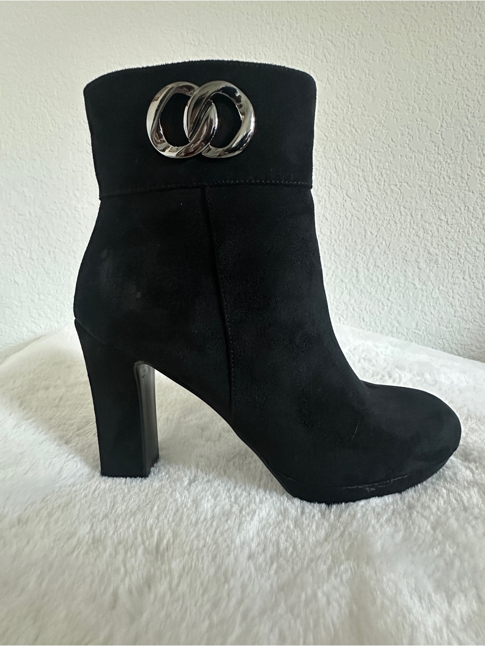 Impo - Black Suede High Heel Ankle Boots with Silver Accent - Booties - Size 8.5